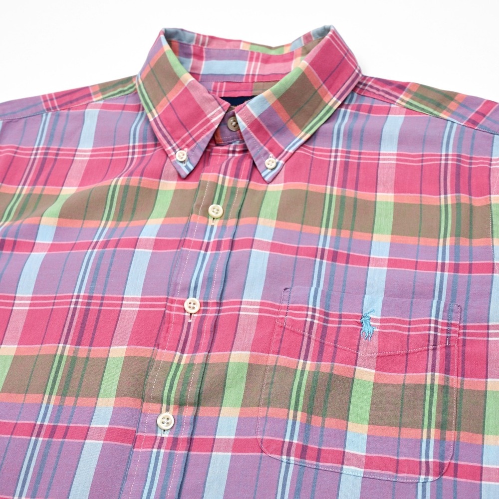 Polo Ralph Lauren Shirt Mens Large Pastel Plaid S/S Pocket Preppy‎ Blue Pony